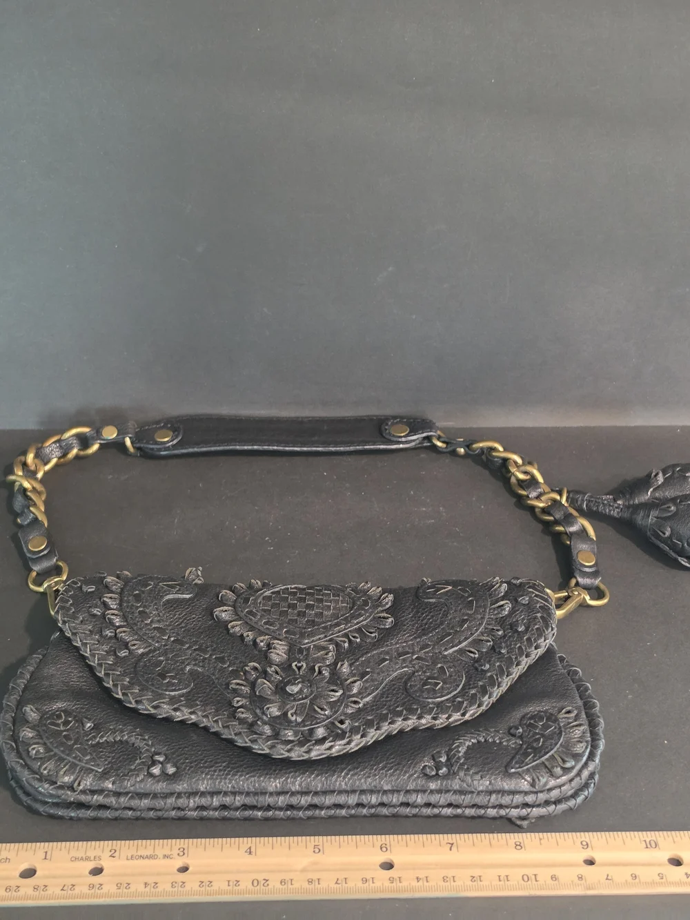 Black Embossed Leather Wristlet Clutch with Chain Strap